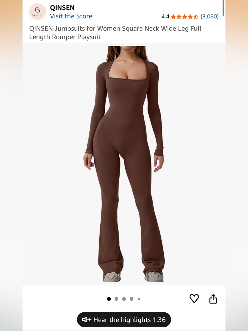 QINSEN Brown Square-Neck Long Sleeve Wide-Leg Jumpsuit